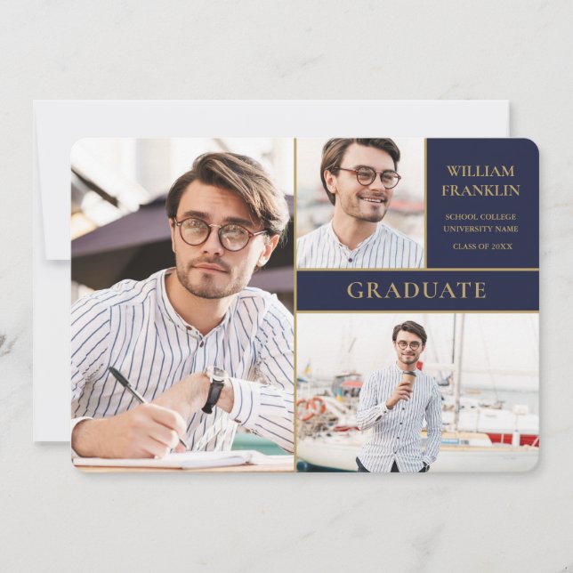 Anuncio de graduación de Collage de fotos Navy Blu (Anverso)