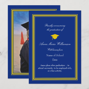 Anuncio de graduación de foto azul oscuro y dorado