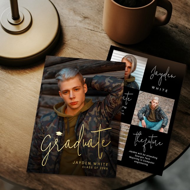 Anuncio de graduación de foto con guión de oro mod (Modern Gold Script 4 Photo Graduation Announcement)