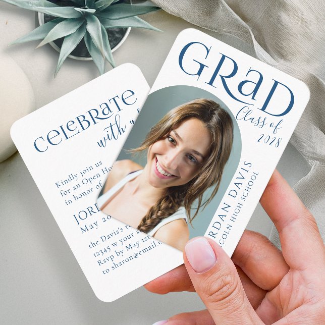 Anuncio de graduación de foto de arco moderno azul (Blue Modern Arch Photo Graduation Announcement)