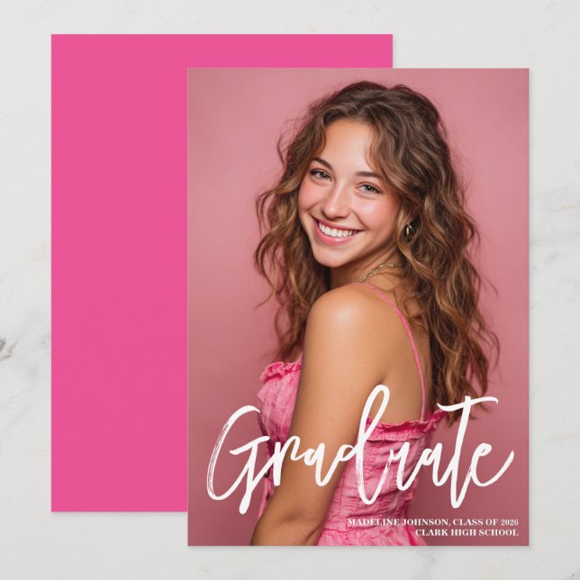 Anuncio de graduación de foto rosa de moda 2026 (Anverso / Reverso)