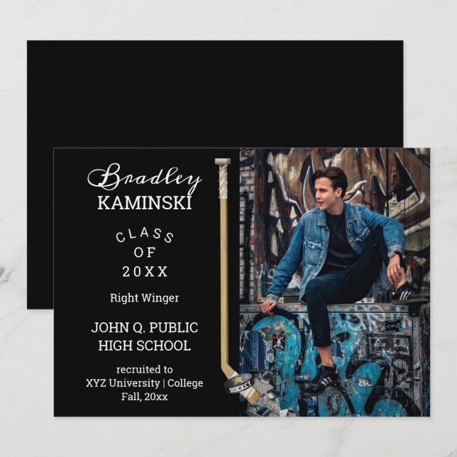 Anuncio de graduación de fotos de jugador de hocke (Anverso / Reverso)