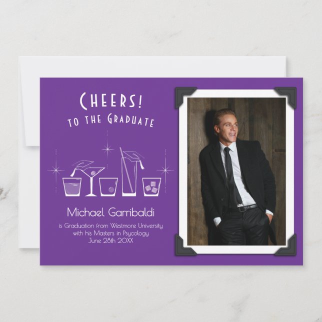 Anuncio de graduación de gorra y cóctel Morado (Anverso)