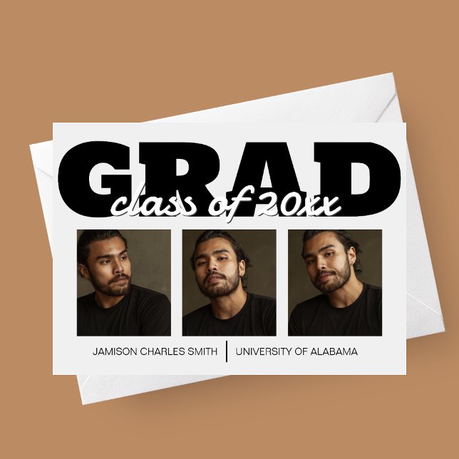 Anuncio de graduación de graduado destacado (Bold Grad, Graduation Announcement Card with Three Photos)