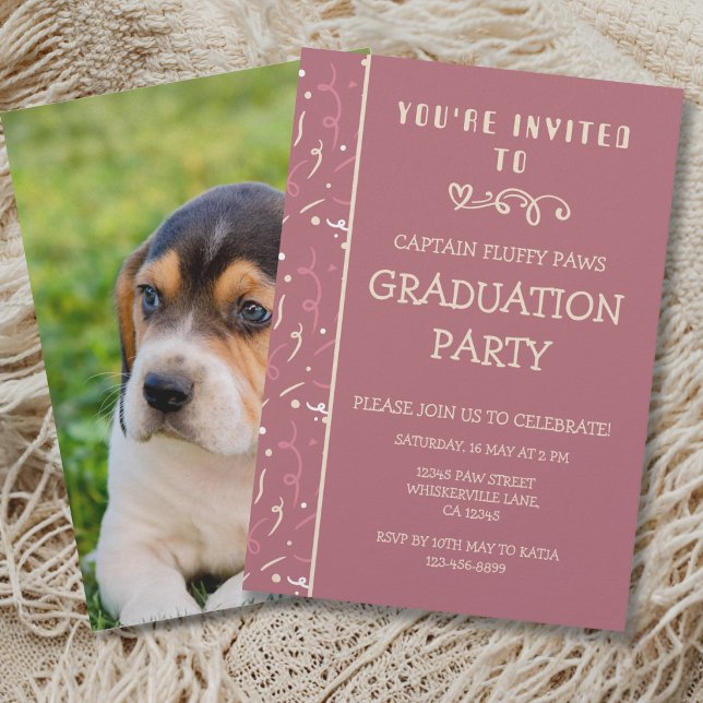 Anuncio de Graduación de Perro Rosa Dorado Champán (Dog Graduation announcement and party invitation in rose gold and champagne and confetti)