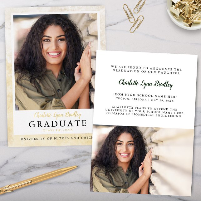 Anuncio de graduación dorado elegante moderno (Elegant gold marble with gold foil graduation announcements for high school college or university)