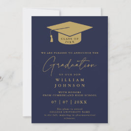 Anuncio de graduación elegante azul marino y dorad