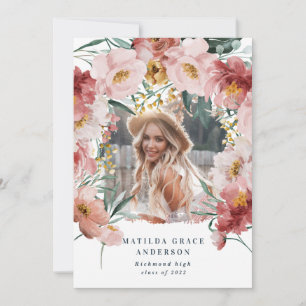 Anuncio de graduación floral femenino rosa con fot