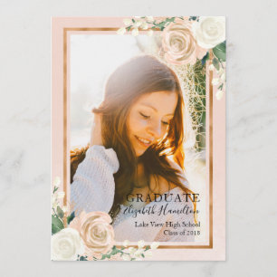 Anuncio de graduación floral rosado y dorado rosa