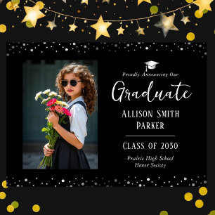 Anuncio de graduación Foto en negro y plata