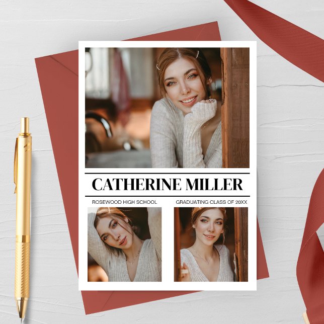 Anuncio de graduación minimalista sofisticado (Sophisticated Modern Minimalist Graduation Photo Announcement Card | 3 Photos)