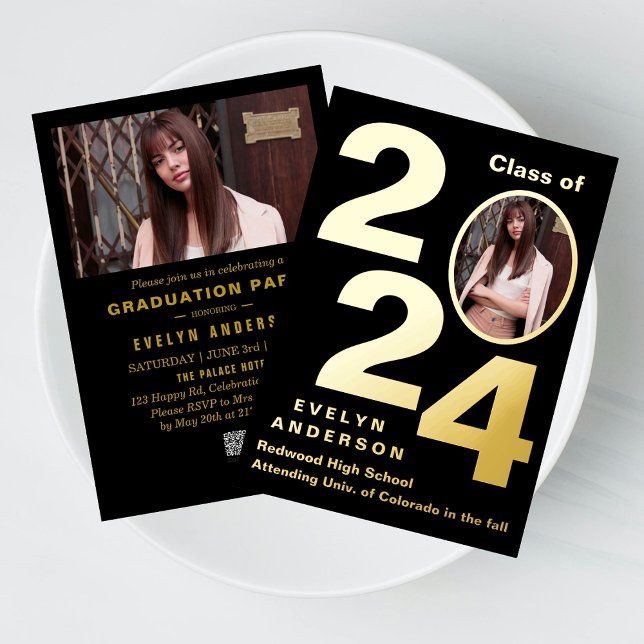 Anuncio de Graduación Moderna e Invitación a la Fi (Chic, modern & customizable gold foil graduation announcement and party invitation card. Order now!)