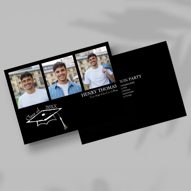 Anuncio de graduación moderno en negro con varias  (Modern black graduation card with three photo collage and cap design)