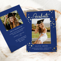 Anuncio de graduación moderno y funky azul dorado