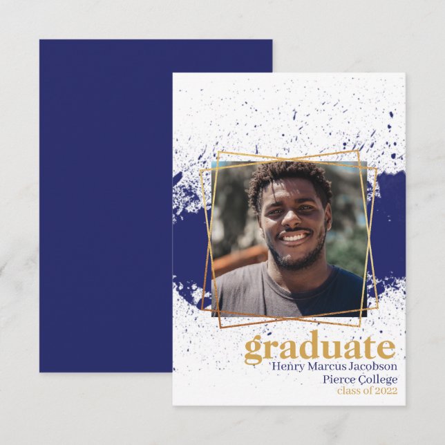 Anuncio de graduación Navy & Gold Funky Splat (Anverso / Reverso)