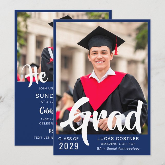 Anuncio de graduación personalizado azul e invitac (Anverso / Reverso)