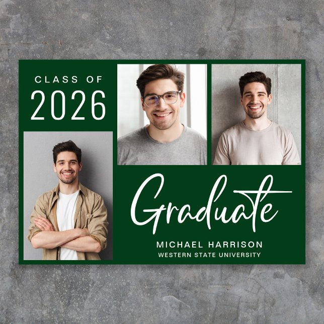 Anuncio de graduación verde moderno con 3 fotos y  (Cherish the milestone: share your graduate's achievement with a custom photo graduation announcement)