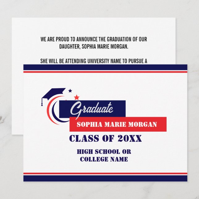 Anuncio de Graduado Azul Rojo Blanco Graduada (Anverso / Reverso)