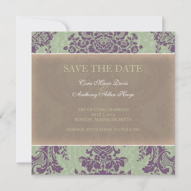 Anuncio de Green Elegant Damask Save the date (Anverso)