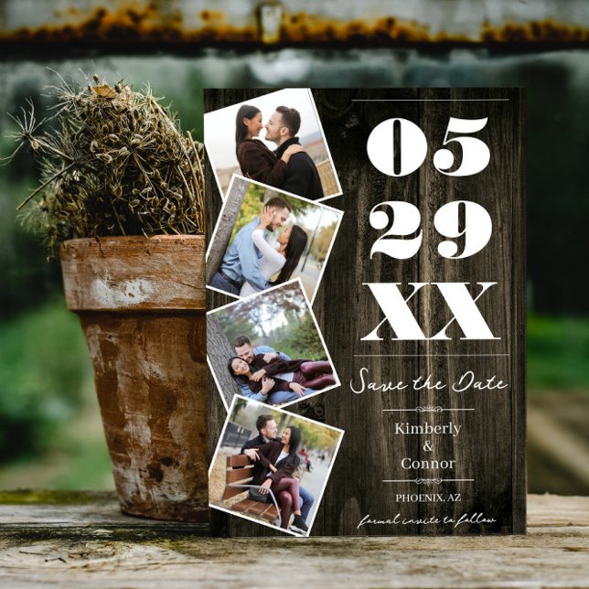 Anuncio de Guardar Fecha Rústico y Audaz con Cuatr (Natural Rustic Bold Four Photo Save the Date)