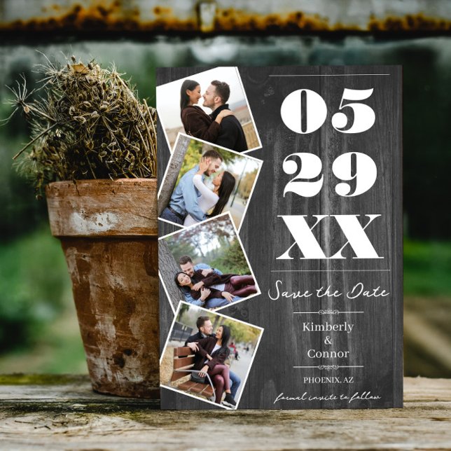 Anuncio de Guardar Fecha Rústico y Negrita con Cua (Gray Rustic Bold Four Photo Save the Date)