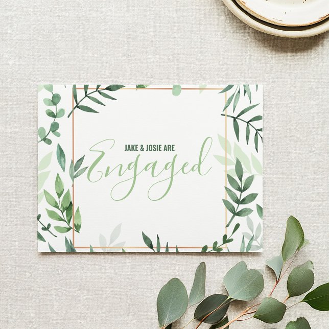 Anuncio de hojas verdes (Vibrant green leaves design with a copper frame engaged card.)