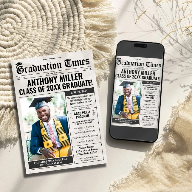 Anuncio de invitación de graduación de periódico p (Newspaper Graduation Invitation Grad Announcement Card)