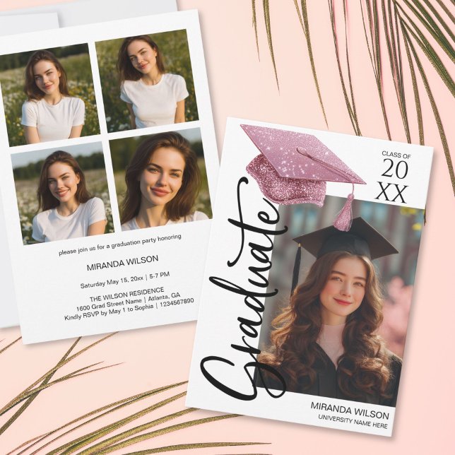 Anuncio de invitación única a la fiesta de graduac (Unique Rose Gold Glitter Grad Hat Photo Graduation Party Invite Announcement)