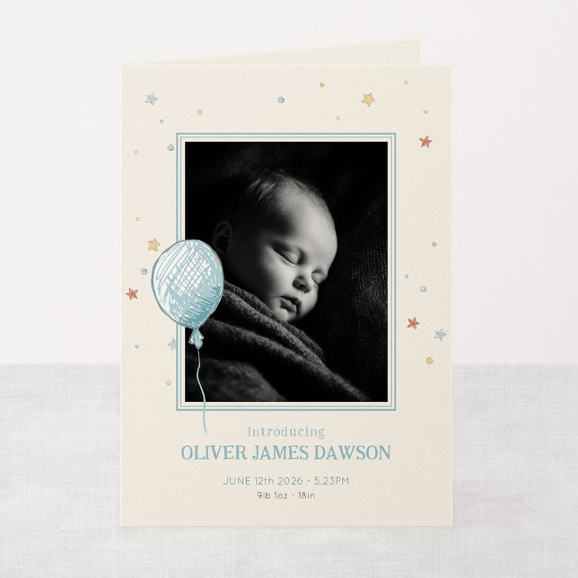 Anuncio de llegada de nuevo bebé Balloon Daydream  (Balloon Daydream - 5x7" Folded New Baby Photo Announcement)