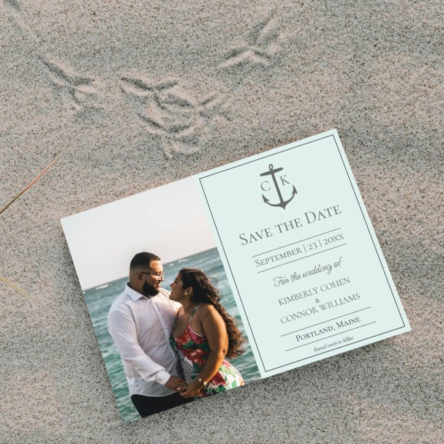 Anuncio de Mint Náutico con Monograma y Foto para  (Mint Nautical Monogram Photo Save the Date)