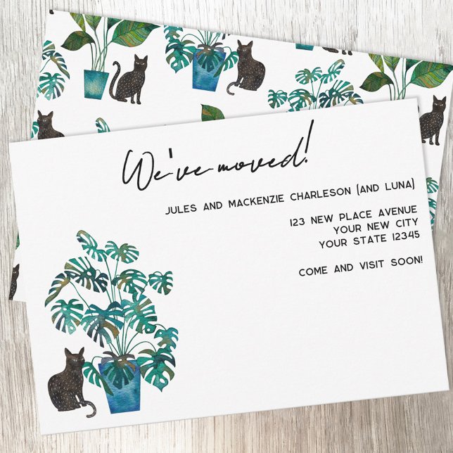 Anuncio de Mudanza a Nueva Casa con Gato Negro (Black cat and potted plant watercolor custom text personalized moving new home address announcement)