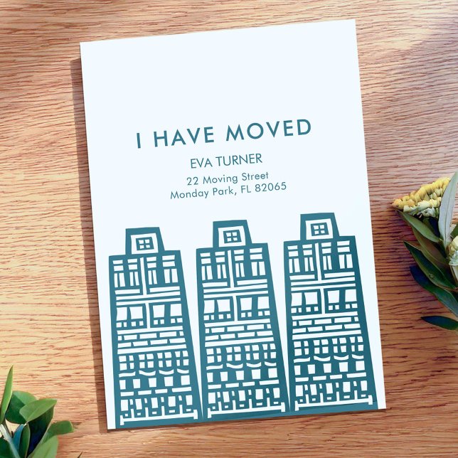 Anuncio de mudanza azul con edificios retro (Subido por el creador)