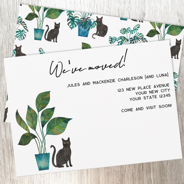 Anuncio de Mudanza de Casa de la Planta de Interio (Black cat and potted plant watercolor custom text personalized moving new home address announcement)