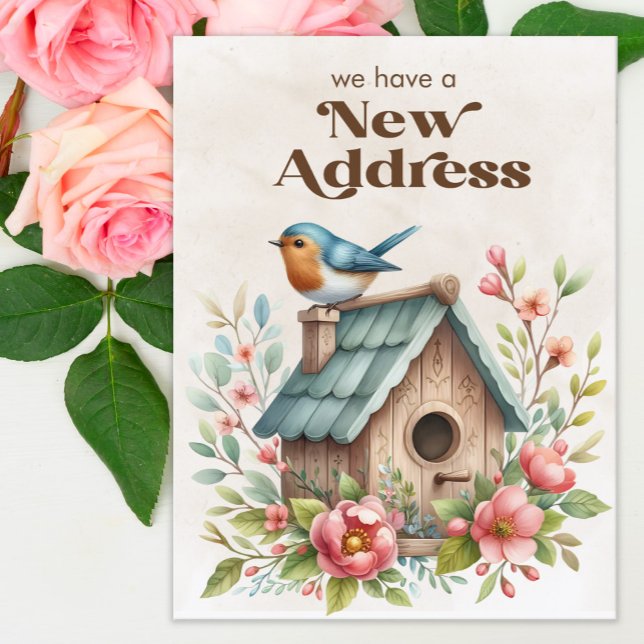 Anuncio de Mudanza de Dirección Nueva Casa de Pája (Pink flowers and birdhouse change of address postcard)