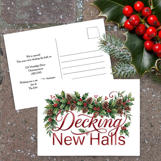 Anuncio de Mudanza de Navidad: Decorando Nuevos Pa (decking new halls christmas postcard by darling & may)