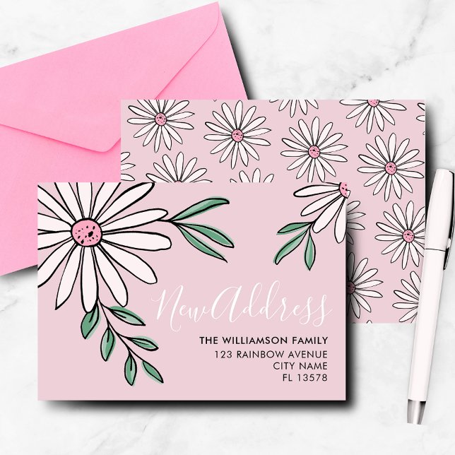 Anuncio de Mudanza Floral Moderna Daisy (Modern botanical. floral daisy leaf, pink new address, moving announcement notecard. )