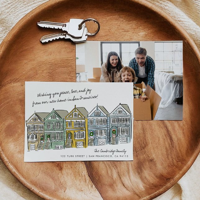 Anuncio de Mudanza Painted Ladies San Francisco (Hand-drawn holiday moving announcement card featuring an illustration of the Painted Ladies.)