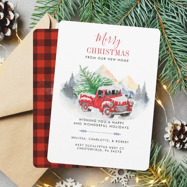 Anuncio de Mudanza para las Fiestas de Navidad (Christmas Red Truck Christmas Tree Plaid Moving Announcement)
