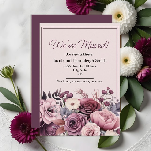 Anuncio de Mudanza Pareja Floral Rosa Púrpura (Purple and pink watercolor floral moving announcement)