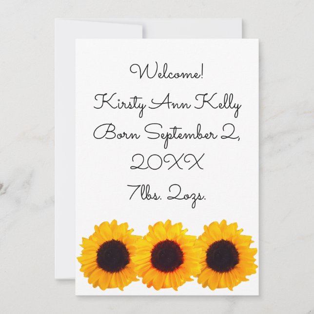 Anuncio de Nacimiento Amarillo Girasoles para Kate (Anverso)
