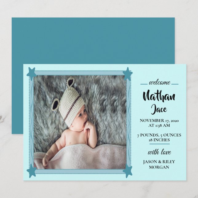 Anuncio de nacimiento azul de Baby Boy (Anverso / Reverso)