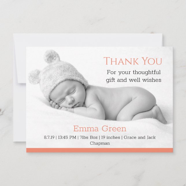 Anuncio de Nacimiento Bebé Gracias Tarjeta Coral (Anverso)