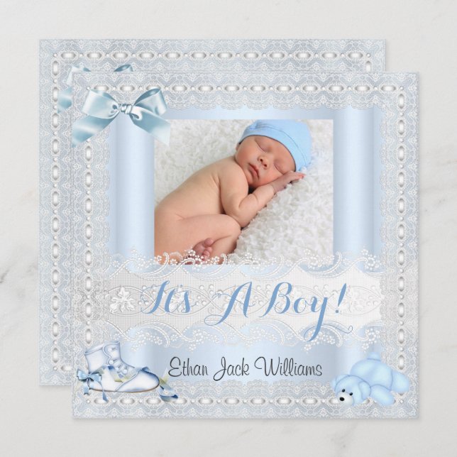 Anuncio de nacimiento Bebé niño foto zapatos oso 4 (Anverso / Reverso)