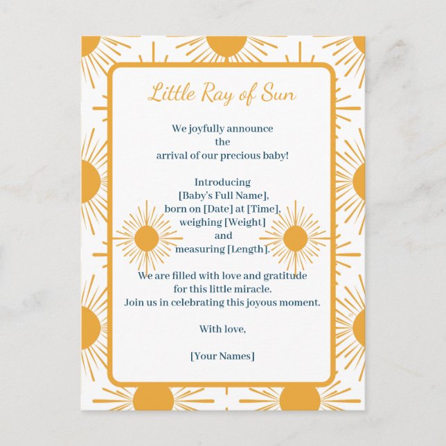 Anuncio de Nacimiento Boho Pequeño Rayo de Sol (Anverso)