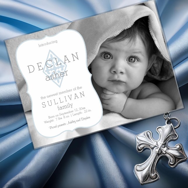Anuncio de nacimiento | Boy Photo Fleur de Lis Cro (Boy Photo Fleur de Lis Vintage French Catholic Cross Birth Acrylic Announcement)