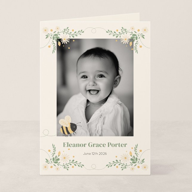 Anuncio de nacimiento Bumblebee doblado 5x7 (Wildflower Flight - Folded 5x7" Photo New Baby Announcement)