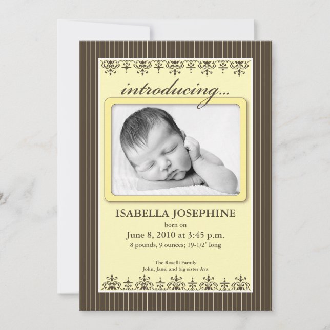 Anuncio de nacimiento Classy Pinstripe Lemon 5x7" (Anverso)