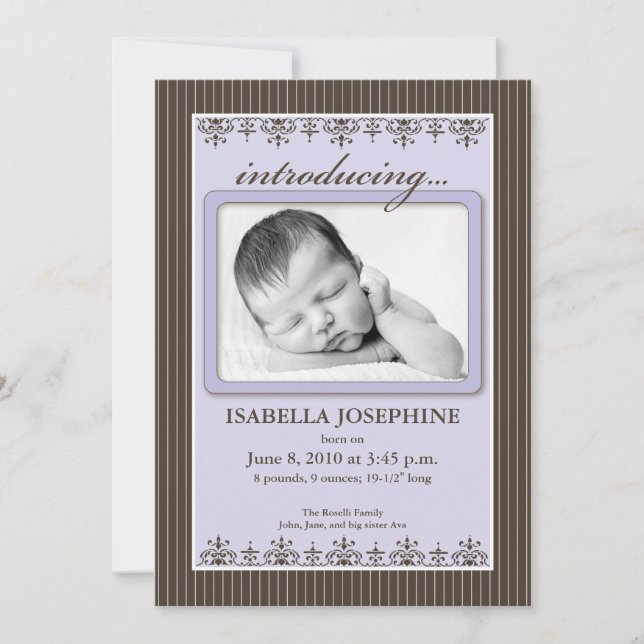 Anuncio de nacimiento Classy Pinstripe Lilac 5x7" (Anverso)