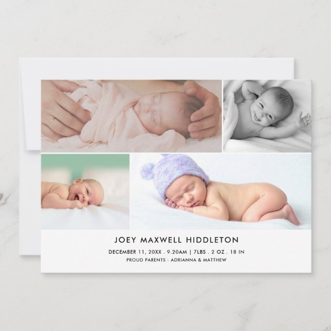 Anuncio de nacimiento Collage de fotos mínimo (Anverso)