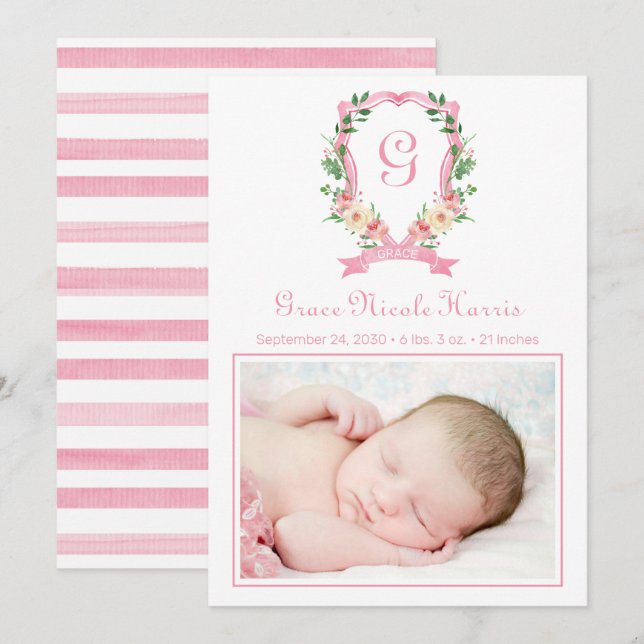 Anuncio de nacimiento con cresta monogramada rosa (Anverso / Reverso)